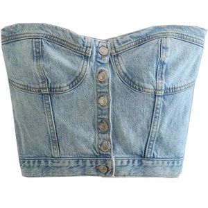 Women Denim Tube Top Strapless Button Up Corset Crop Top